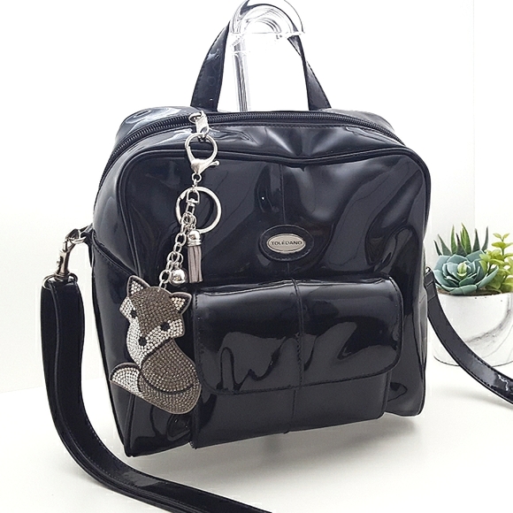 Toledano🖤Square Shape Backpack Bag Black Faux Patent Leathe - Picture 3 of 12